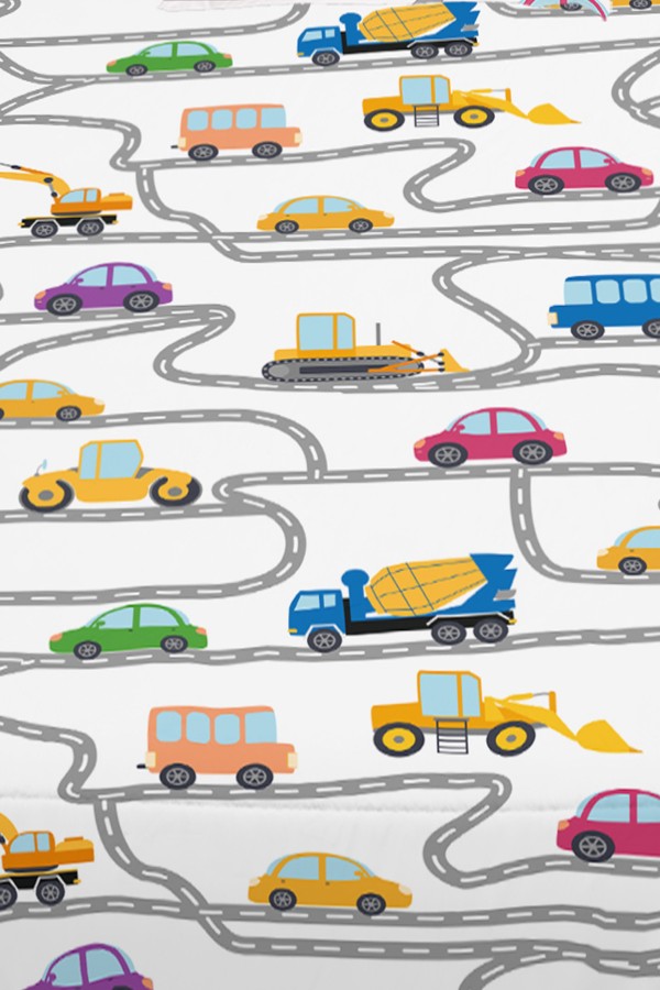İş Makineleri Trafik Desenli Erkek Çocuk Tek Kişilik Yastıklı Lastikli Çarşaf Takımı 100x200cm
