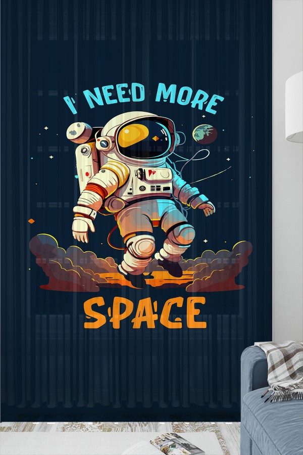 Mavi Astronot Desenli Erkek Çocuk Tül Perde Tek Kanat 140x260cm