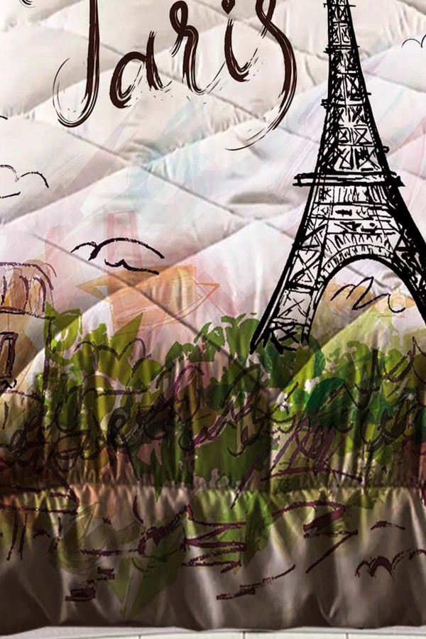 Paris Eyfel Kulesi Desenli Tek Kişilik Kapitoneli Yorgan Yastık Kılıflı