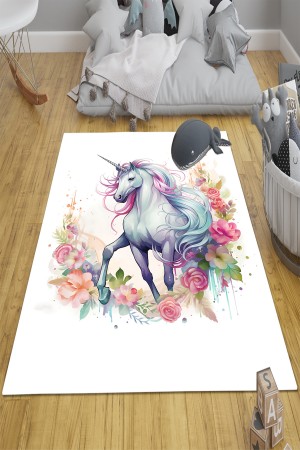 Renkli Çiçekli Unicorn Atlı Desenli Kız Çocuk Odası Halısı Kaymaz Taban Yıkanabilir