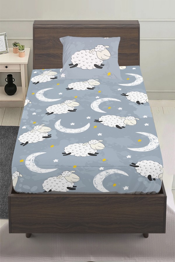 Gri Beyaz Kuzulu Desenli Erkek Çocuk Tek Kişilik Yastıklı Lastikli Çarşaf Takımı 100x200cm