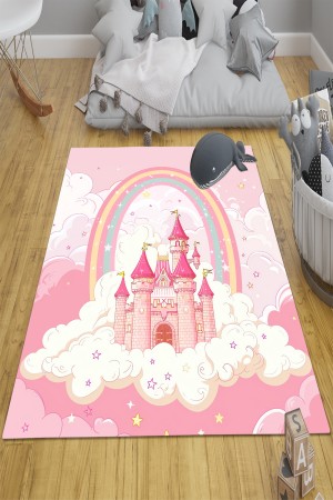 Pembe Şatolu Desenli Kız Çocuk Odası Halısı Kaymaz Taban Yıkanabilir