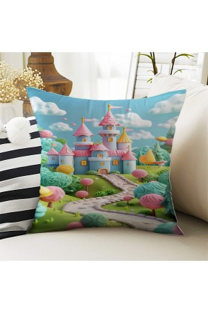 Renkli Şato Desenli Kız Çocuk Dekoratif Çift Taraflı Kırlent Kılıfı 43x43cm