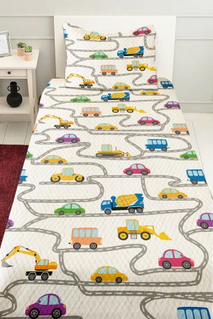 İş Makineleri Trafik Desenli Erkek Çocuk Tek Kişilik Pike Takımı Kapitoneli Yatak Örtüsü