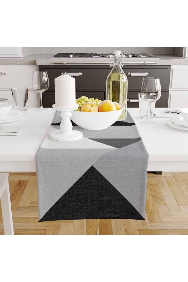 Gri Siyah Üçgenler Desenli Baskılı Leke Tutmaz Dertsiz Dekoratif Runner Örtüsü 40x140cm