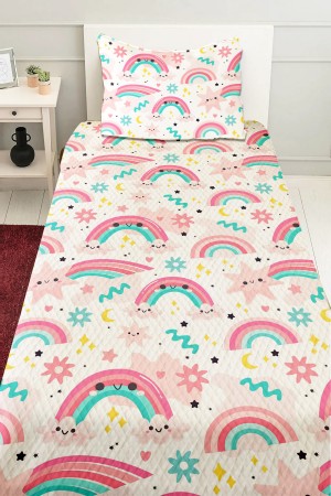 Pembe Gök Kuşaklı Desenli Kız Çocuk Tek Kişilik Pike Takımı Kapitoneli Yatak Örtüsü