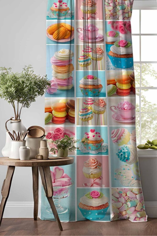 Küp Kekler Renkli Desenli Djital Baskılı Yemek Odası Mutfak Fon Perde 140x260cm Küp Kekler Renkli Desenli Djital Baskılı Yemek Odası Mutfak Fon Perde 140x260cm