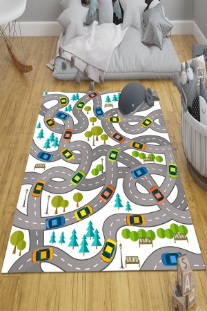 Trafik Araba Yol Desenli Erkek Çocuk Odası Halısı Kaymaz Taban Yıkanabilir