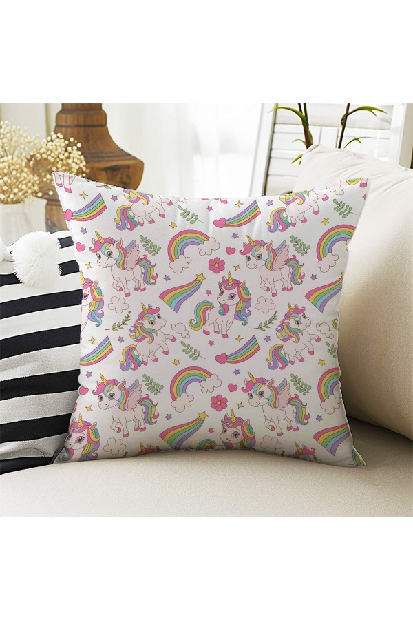 Gökkuşağı Unicorn Atlı Desenli Kız Çocuk Dekoratif Çift Taraflı Kırlent Kılıfı 43x43cm Gökkuşağı Unicorn Atlı Desenli Kız Çocuk Dekoratif Çift Taraflı Kırlent Kılıfı 43x43cm