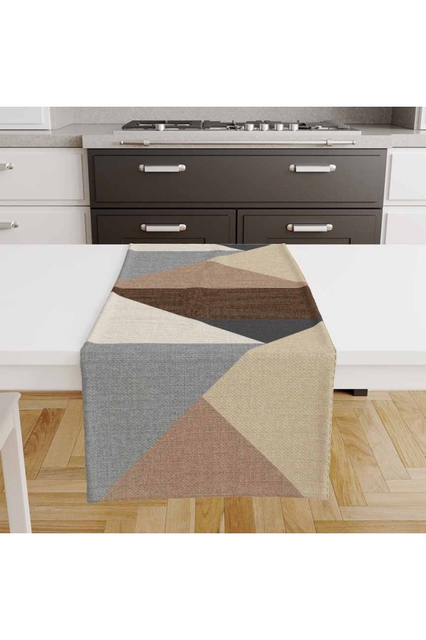 Kahverengi Üçgenler Desenli Baskılı Leke Tutmaz Dertsiz Dekoratif Runner Örtüsü 40x140cm