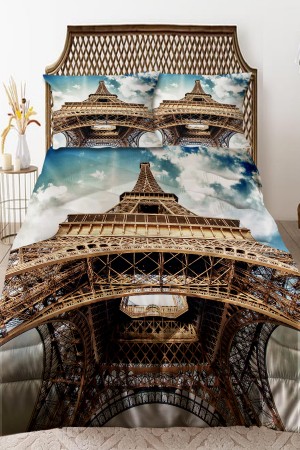Eyfel Kulesi Paris Desenli Çift Kişilik Kapitoneli Yorgan Yastık Kılıflı