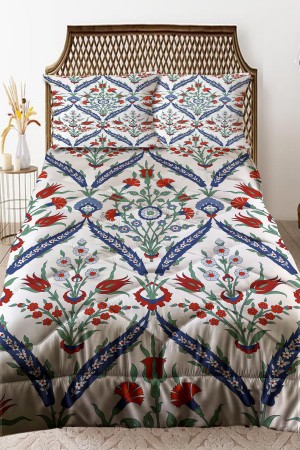 Mavi Kırmızı Lale Çini Desenli Çift Kişilik Kapitoneli Yorgan Yastık Kılıflı