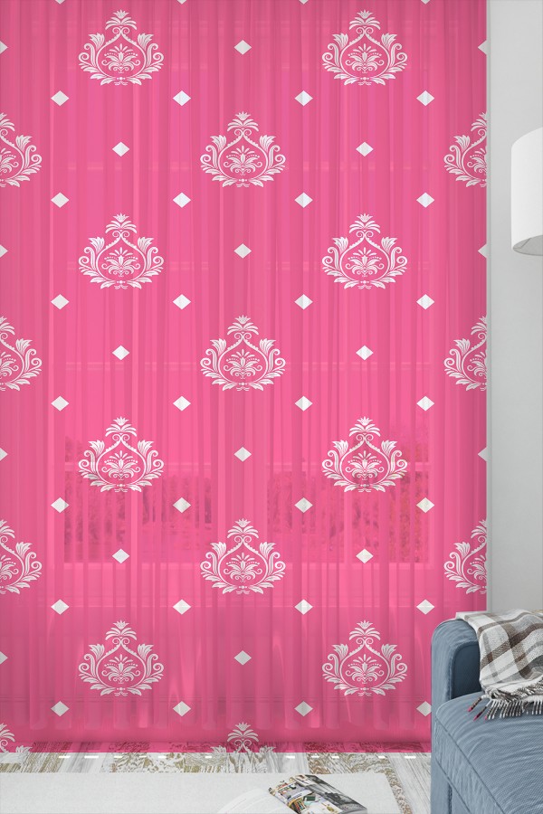 Pembe Beyaz Retro Desenli Kız Çocuk Tül Perde Tek Kanat 140x260cm