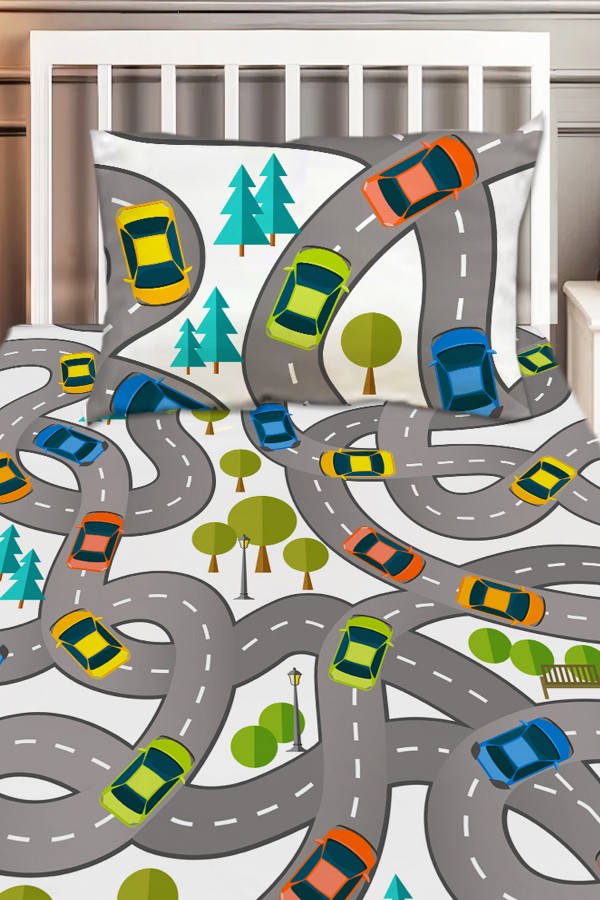 Trafik Araba Yol Desenli Erkek Çocuk Tek Kişilik Dekoratif Yatak Örtüsü Yastık Kılıflı Trafik Araba Yol Desenli Erkek Çocuk Tek Kişilik Dekoratif Yatak Örtüsü Yastık Kılıflı