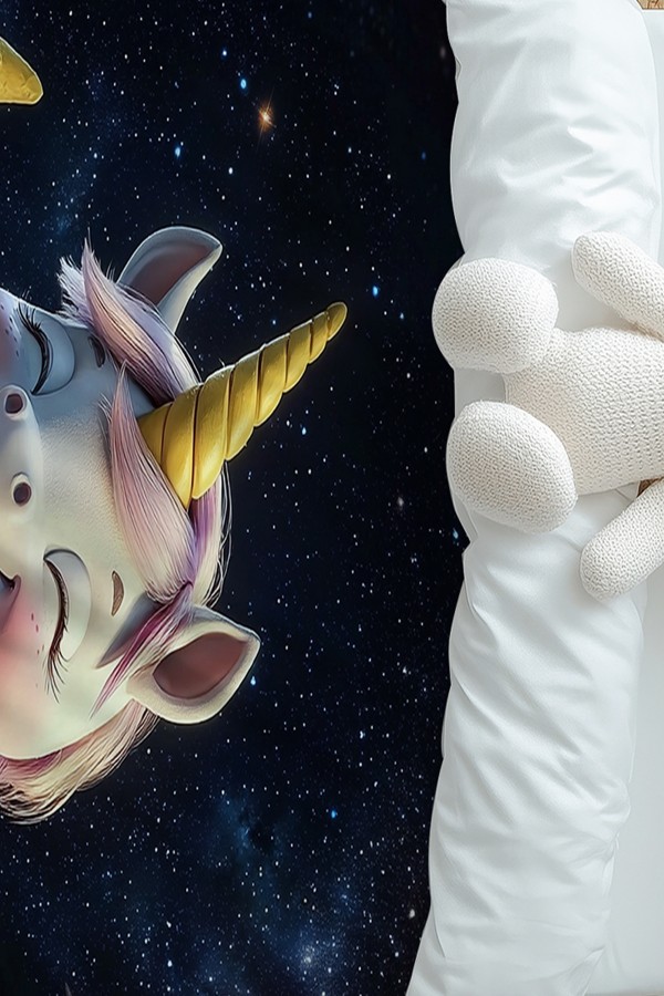 Ayda Oturan Unicorn Desenli Kız Çocuk Tek Kişilik Nevresim Takımı Yastık Kılıflı