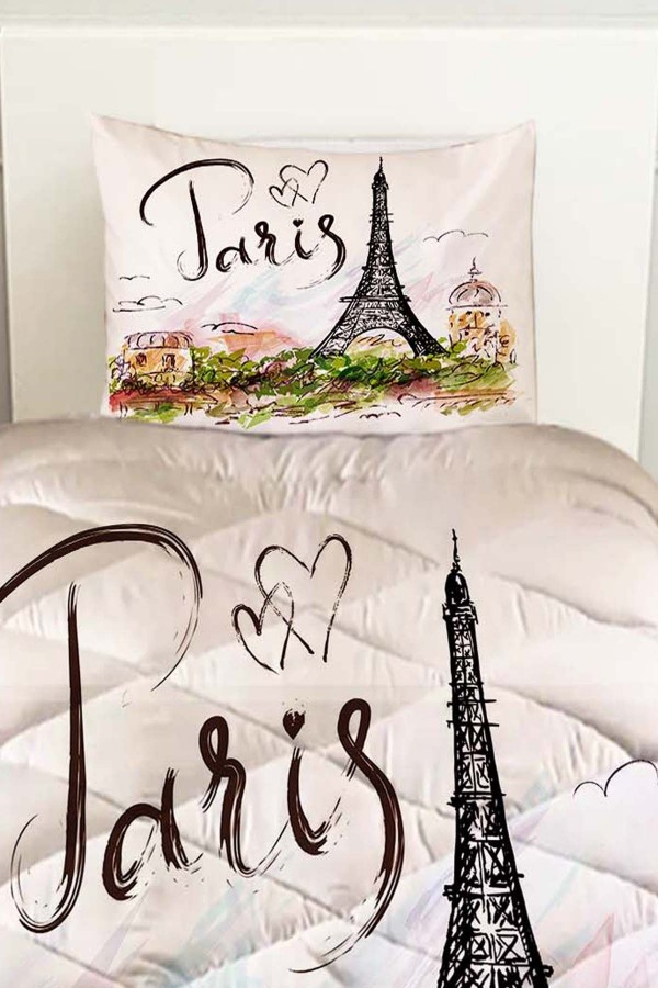 Paris Eyfel Kulesi Desenli Tek Kişilik Kapitoneli Yorgan Yastık Kılıflı