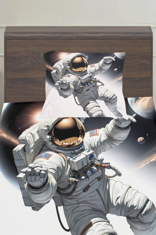 Astronot Kozmonot Desenli Erkek Çocuk Tek Kişilik Yastıklı Lastikli Çarşaf Takımı 100x200cm