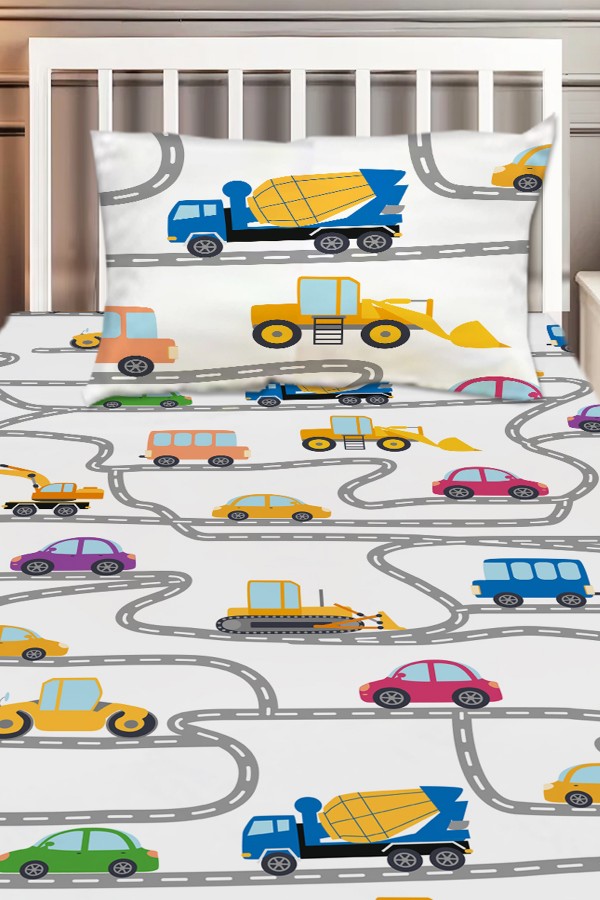 İş Makineleri Trafik Desenli Erkek Çocuk Tek Kişilik Dekoratif Yatak Örtüsü Yastık Kılıflı