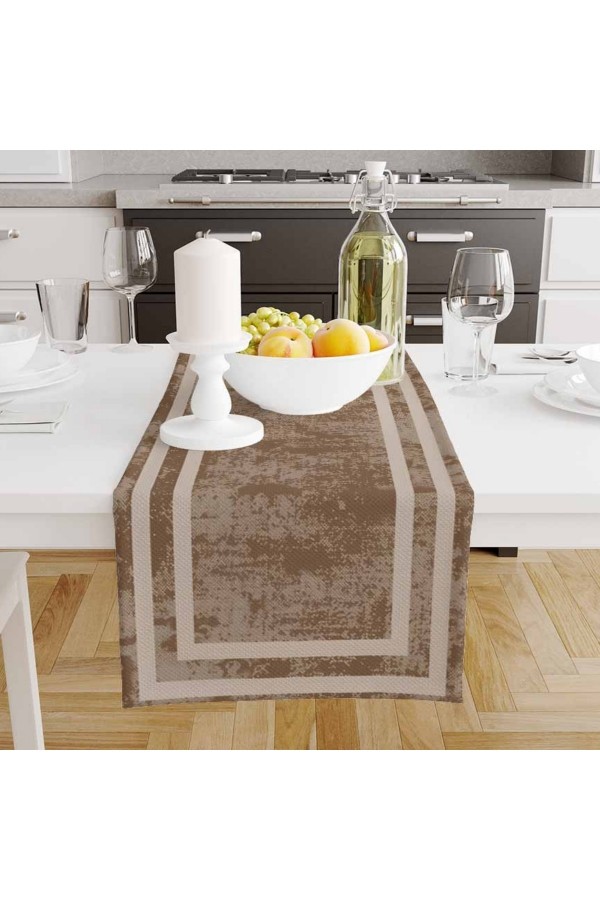 Açık Kahve Çizgili Desenli Baskılı Leke Tutmaz Dertsiz Dekoratif Runner Örtüsü 40x140cm