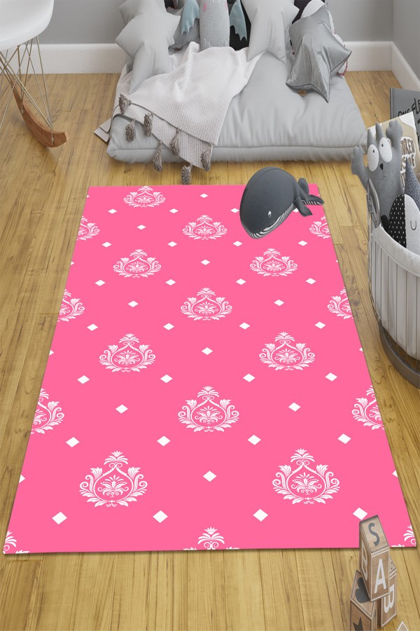 Pembe Beyaz Retro Desenli Kız Çocuk Odası Halısı Kaymaz Taban Yıkanabilir