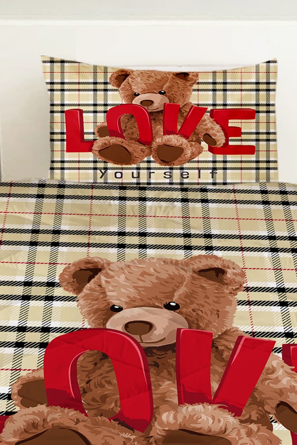 Love Ayı Teddy Desenli Kız Çocuk Tek Kişilik Kapitoneli Yorgan Kılıfı Uyku Seti Love Ayı Teddy Desenli Kız Çocuk Tek Kişilik Kapitoneli Yorgan Kılıfı Uyku Seti