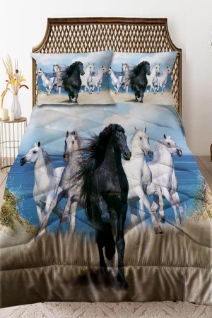 Koşan Atlar Desenli Çift Kişilik Kapitoneli Yorgan Yastık Kılıflı