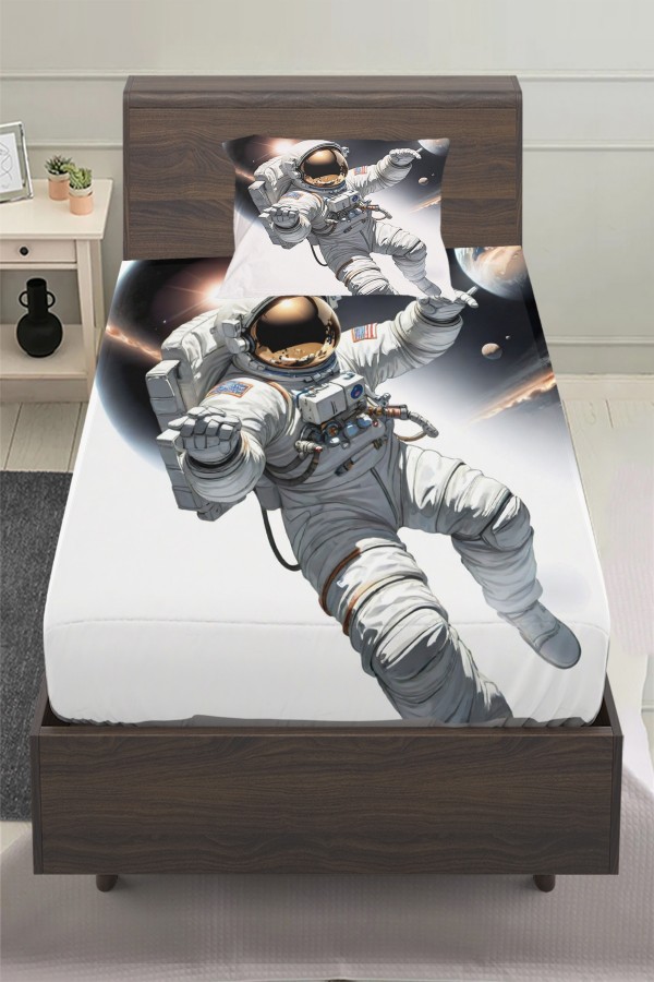 Astronot Kozmonot Desenli Erkek Çocuk Tek Kişilik Yastıklı Lastikli Çarşaf Takımı 100x200cm