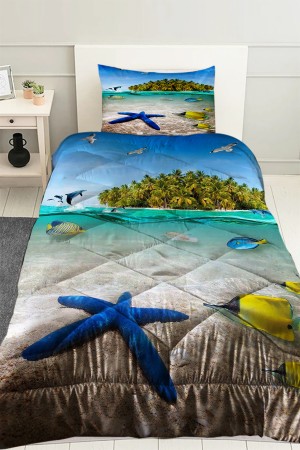 Tropikal Ada Deniz Desenli Tek Kişilik Kapitoneli Yorgan Yastık Kılıflı