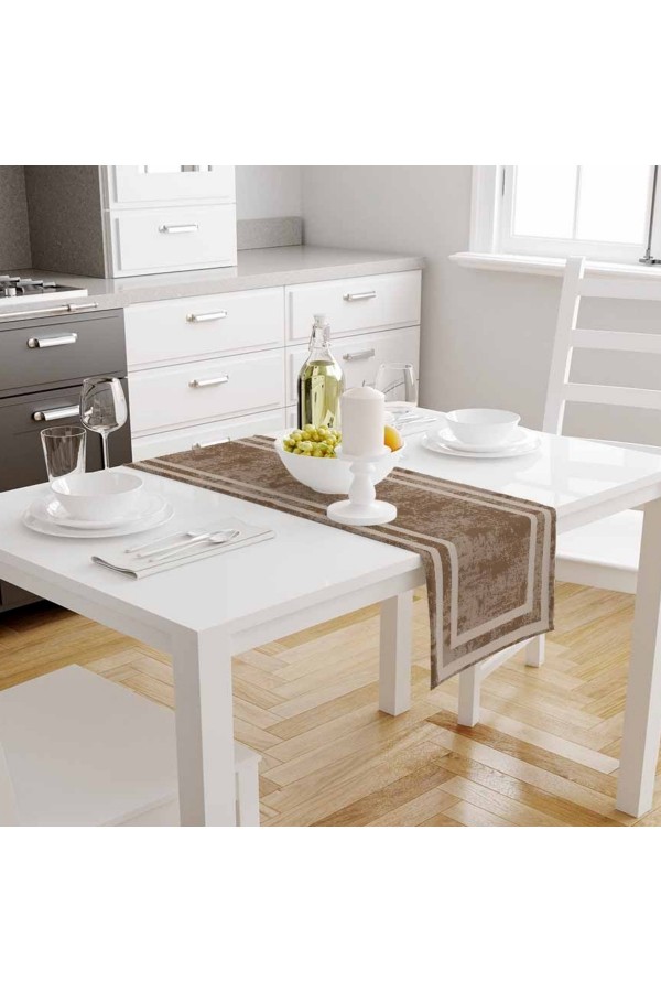 Açık Kahve Çizgili Desenli Baskılı Leke Tutmaz Dertsiz Dekoratif Runner Örtüsü 40x140cm