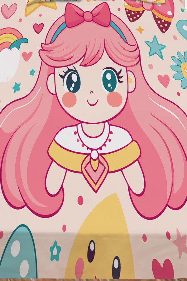 Anime Pembe Prenses Desenli Kız Çocuk Tek Kişilik Dekoratif Yatak Örtüsü Yastık Kılıflı