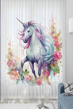 Renkli Çiçekli Unicorn Atlı Desenli Kız Çocuk Tül Perde Tek Kanat 140x260cm