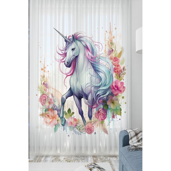 Renkli Çiçekli Unicorn Atlı Desenli Kız Çocuk Tül Perde Tek Kanat 140x260cm