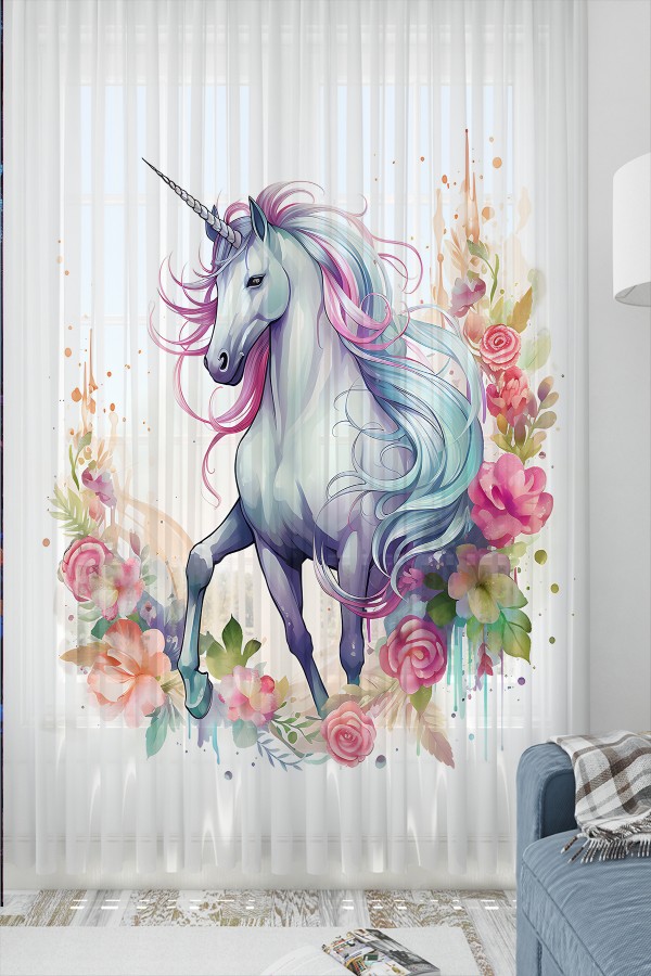 Renkli Çiçekli Unicorn Atlı Desenli Kız Çocuk Tül Perde Tek Kanat 140x260cm Renkli Çiçekli Unicorn Atlı Desenli Kız Çocuk Tül Perde Tek Kanat 140x260cm