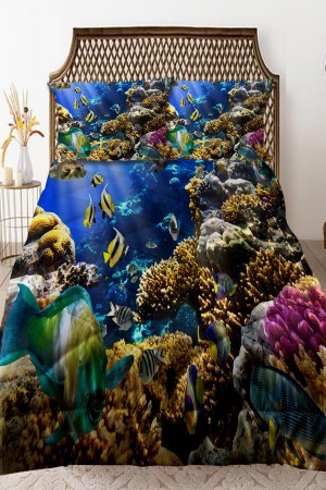 Akvaryum Su Altı Desenli Çift Kişilik Kapitoneli Yorgan Yastık Kılıflı