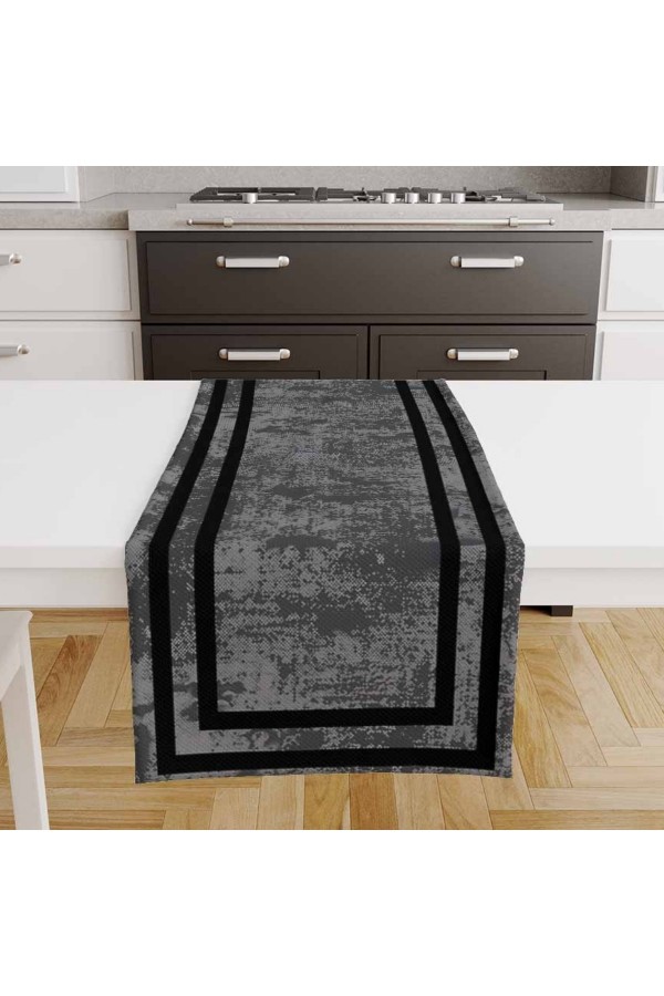 Siyah Gri Çizgi Desenli Baskılı Leke Tutmaz Dertsiz Dekoratif Runner Örtüsü 40x140cm