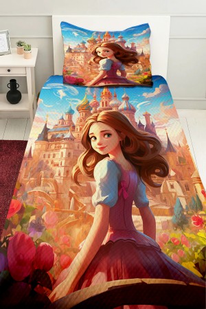 Prenses Şatalu Desenli Kız Çocuk Tek Kişilik Pike Takımı Kapitoneli Yatak Örtüsü