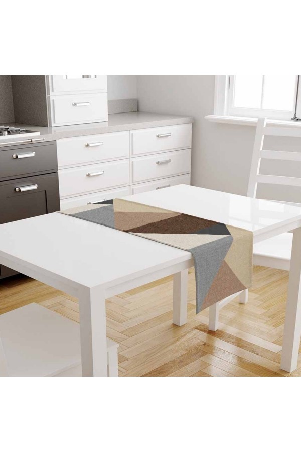 Kahverengi Üçgenler Desenli Baskılı Leke Tutmaz Dertsiz Dekoratif Runner Örtüsü 40x140cm
