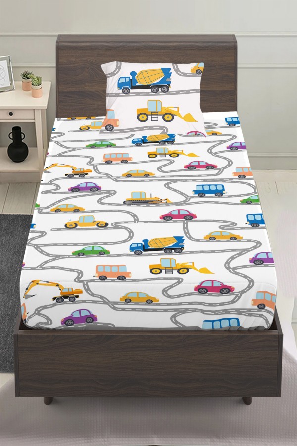 İş Makineleri Trafik Desenli Erkek Çocuk Tek Kişilik Yastıklı Lastikli Çarşaf Takımı 100x200cm