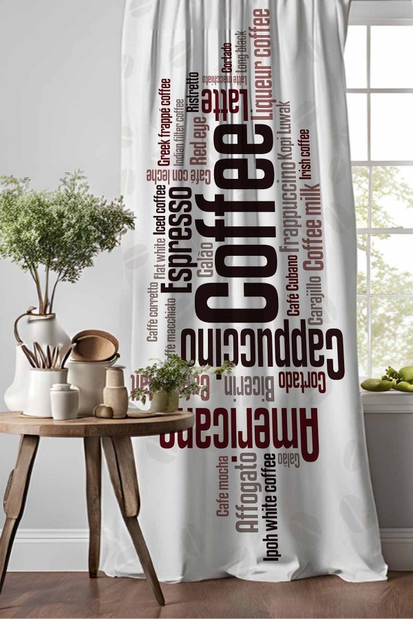 Kahve Yazılı Desenli Djital Baskılı Yemek Odası Mutfak Fon Perde 140x260cm