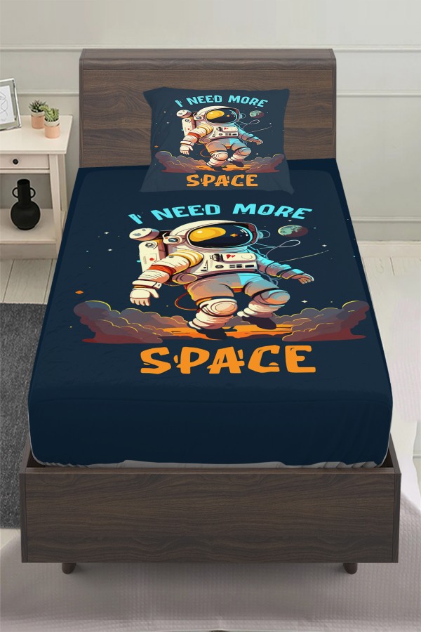 Mavi Astronot Desenli Erkek Çocuk Tek Kişilik Yastıklı Lastikli Çarşaf Takımı 100x200cm