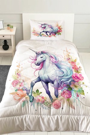 Renkli Çiçekli Unicorn Atlı Desenli Kız Çocuk Tek Kişilik Kapitoneli Yorgan Yastık Kılıflı