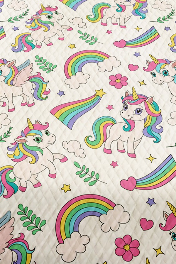 Gökkuşağı Unicorn Atlı Desenli Kız Çocuk Tek Kişilik Pike Takımı Kapitoneli Yatak Örtüsü