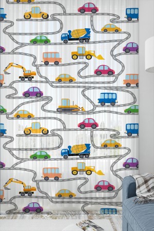 İş Makineleri Trafik Desenli Erkek Çocuk Tül Perde Tek Kanat 140x260cm