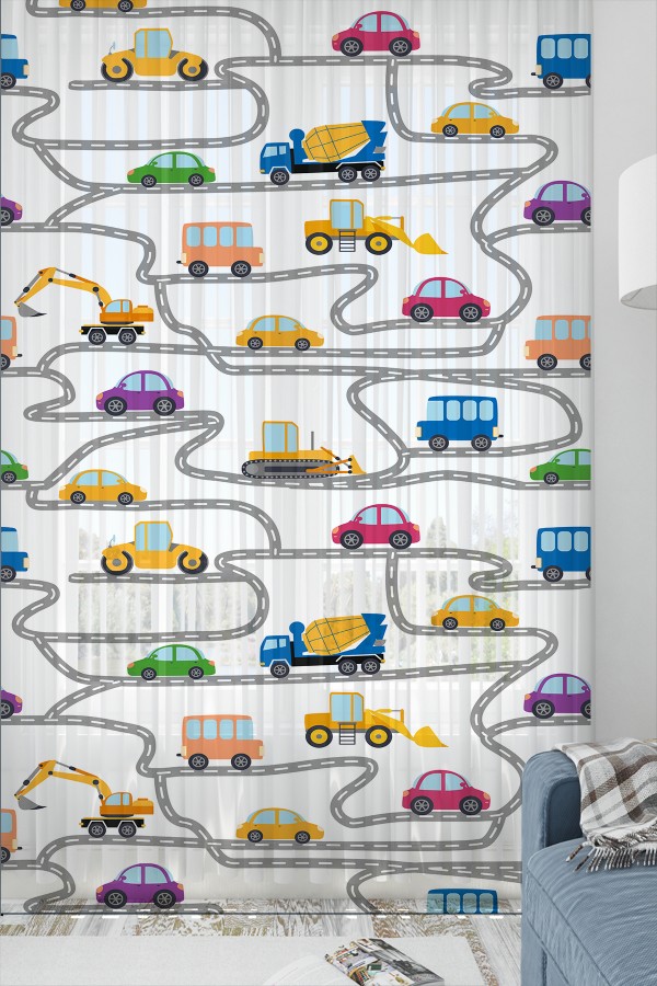 İş Makineleri Trafik Desenli Erkek Çocuk Tül Perde Tek Kanat 140x260cm