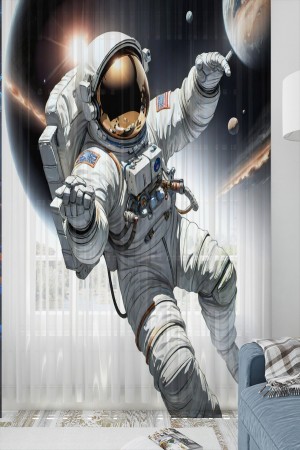 Astronot Kozmonot Desenli Erkek Çocuk Tül Perde Tek Kanat 140x260cm