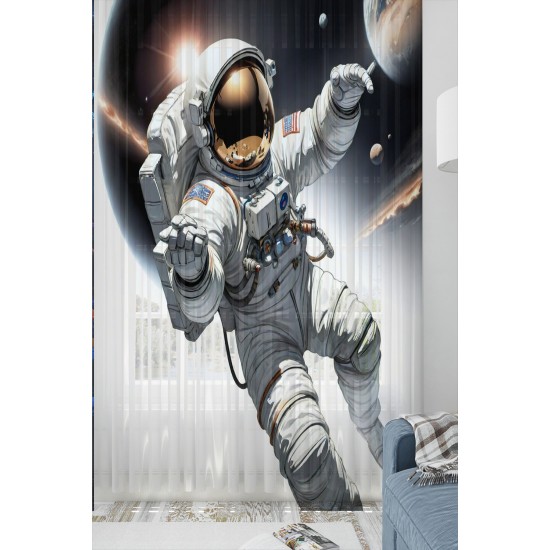 Astronot Kozmonot Desenli Erkek Çocuk Tül Perde Tek Kanat 140x260cm