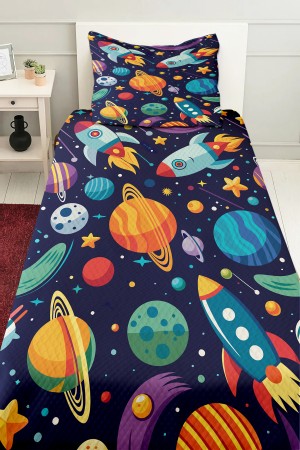 Uzay Gezegenler Desenli Erkek Çocuk Tek Kişilik Pike Takımı Kapitoneli Yatak Örtüsü