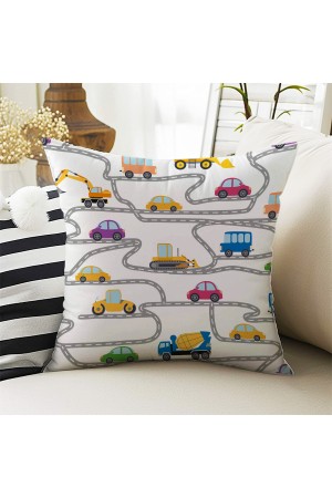 İş Makineleri Trafik Desenli Erkek Çocuk Dekoratif Çift Taraflı Kırlent Kılıfı 43x43cm