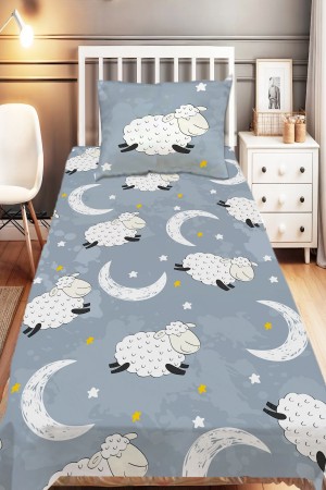 Gri Beyaz Kuzulu Desenli Erkek Çocuk Tek Kişilik Dekoratif Yatak Örtüsü Yastık Kılıflı