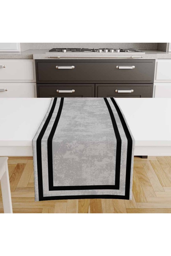Açık Gri Siyah Çizgi Desenli Baskılı Leke Tutmaz Dertsiz Dekoratif Runner Örtüsü 40x140cm